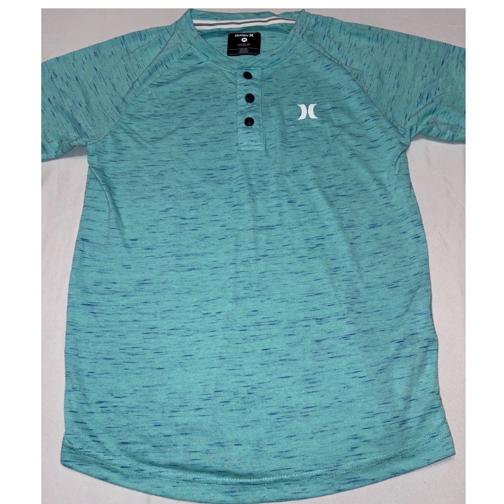 Hurley Boys Medium 10-12 Turquoise Space Dye Henley Short Sleeve Shirt Logo